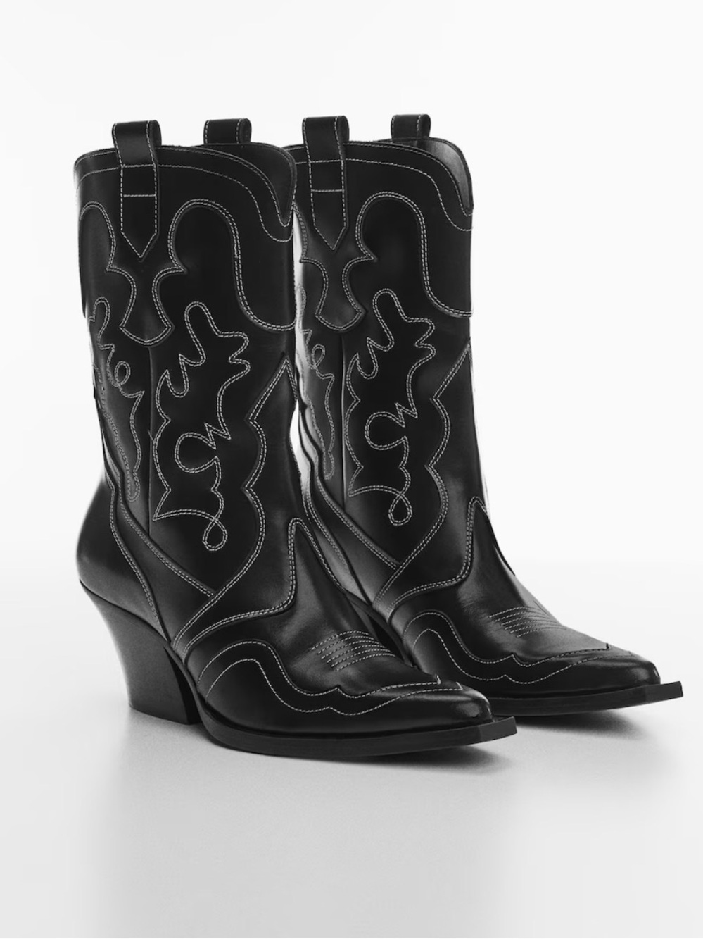 Mango NWOT Black White Inseam Embroidered Mid Calf Cowboy Western Boots- Size 39
